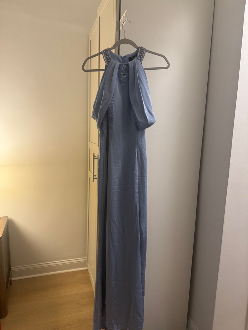 Terani Dusty Blue Beaded Halter Evening Gown